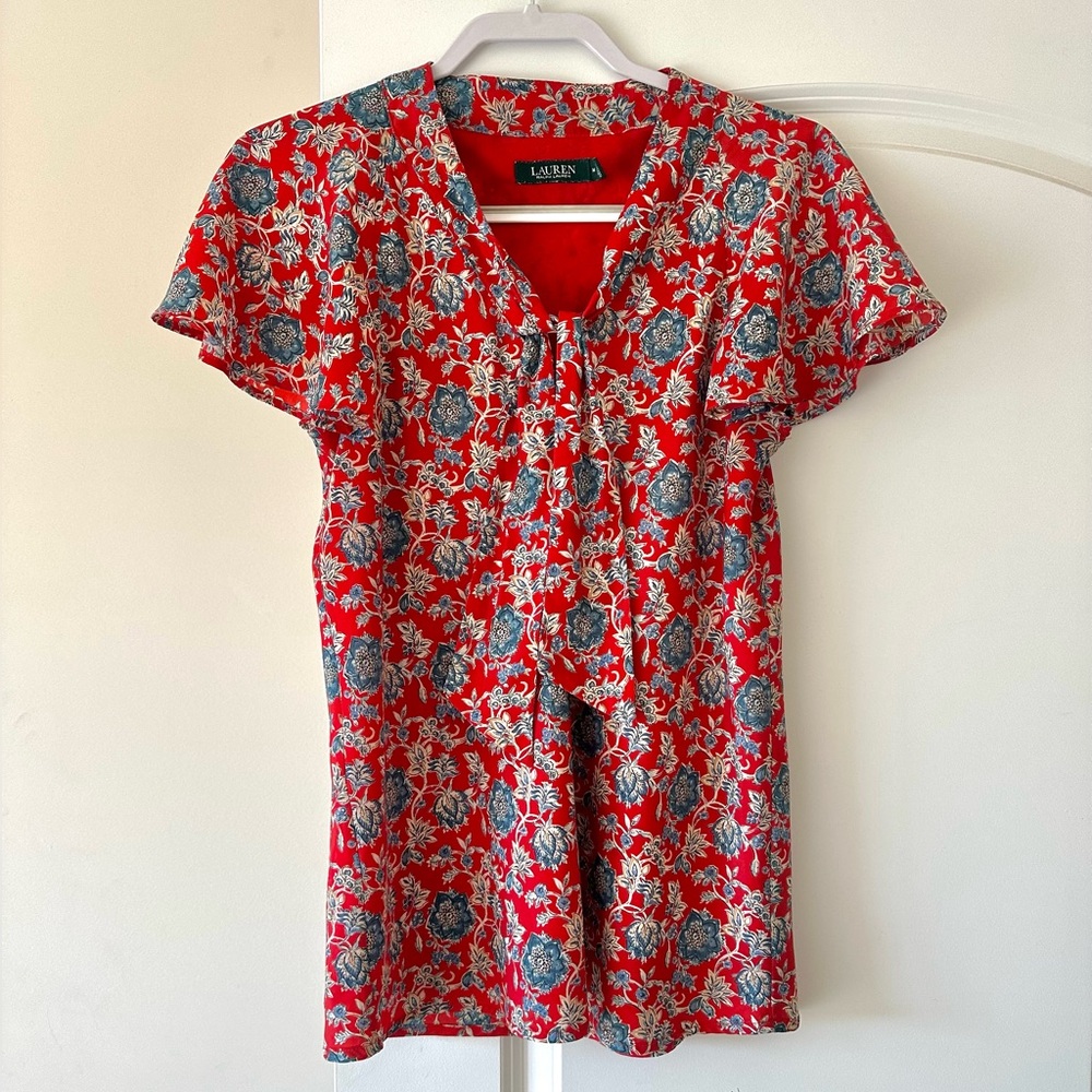 Ralph Lauren Floral Tie Neck Flutter Sleeve Crepe Blouse Red Cream Blue Medium